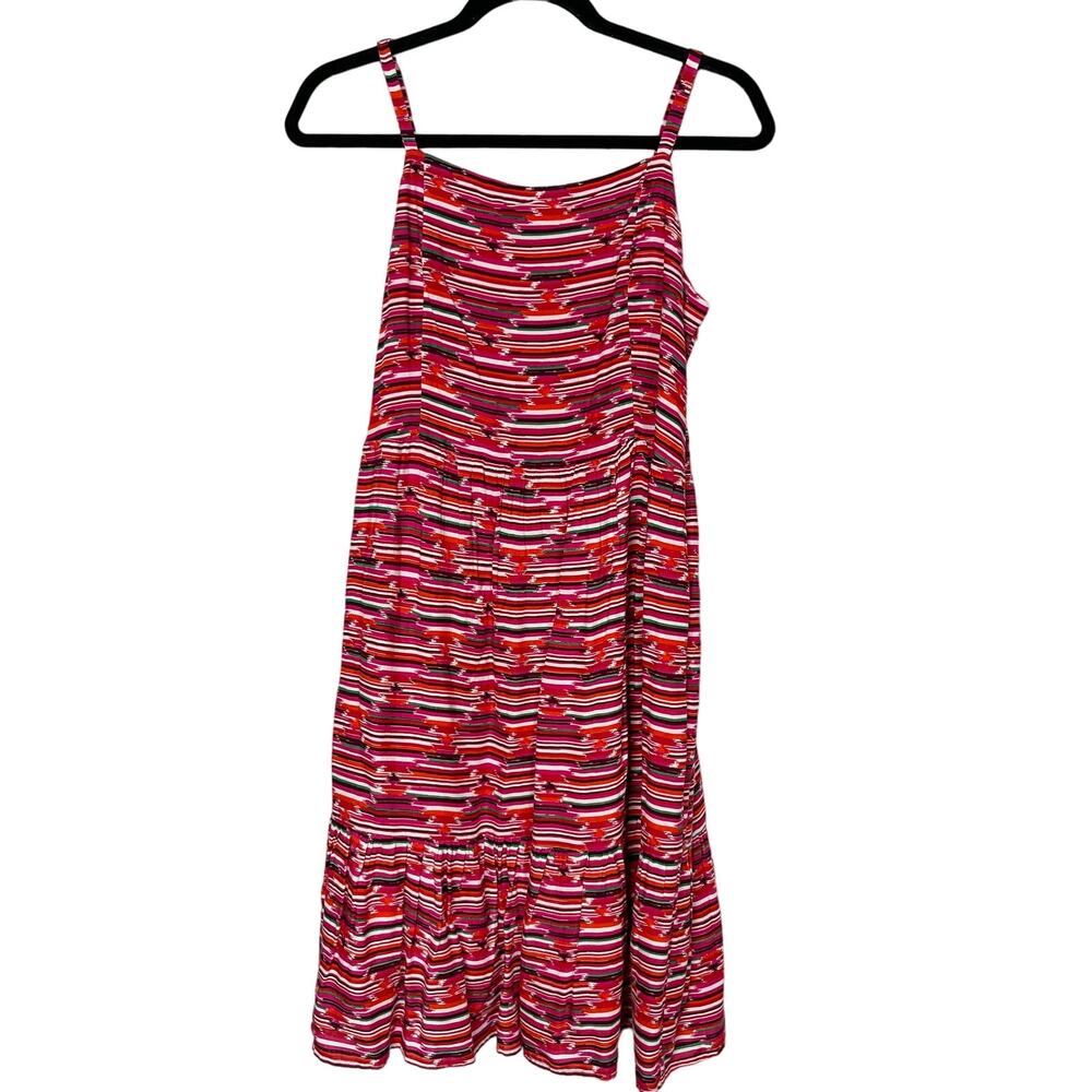 New LOFT Size 10 Red Printed Ikat Smocked Back Dress Ruffle Hem Striped Summer